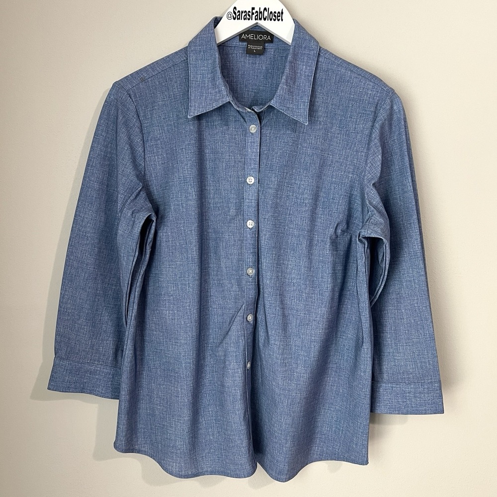Ameliora Diane Collared Button Up Blouse Top Women's Large Chambray Blue Luxury